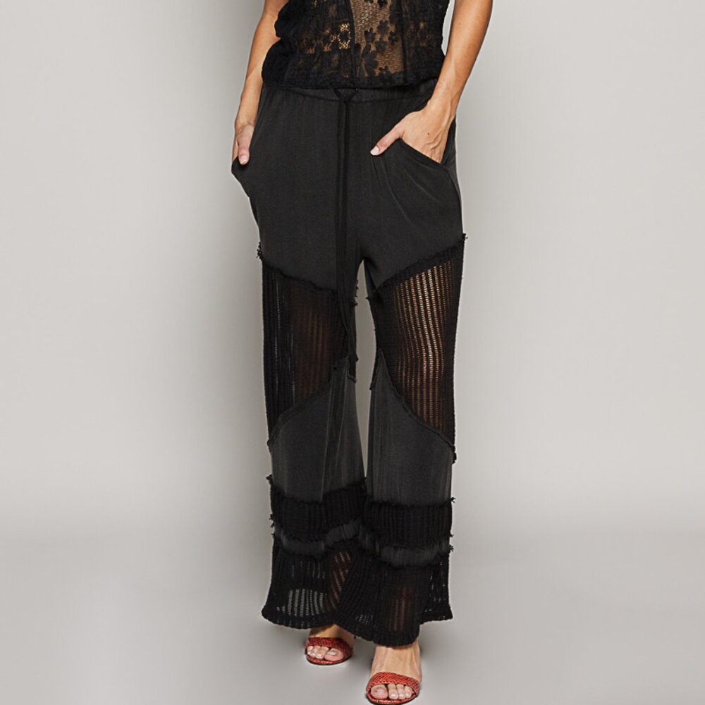 P12 - POL Black Wide Leg Mesh Panel Pants - Flat Waist S 12/M 13/L 14 28" Insea